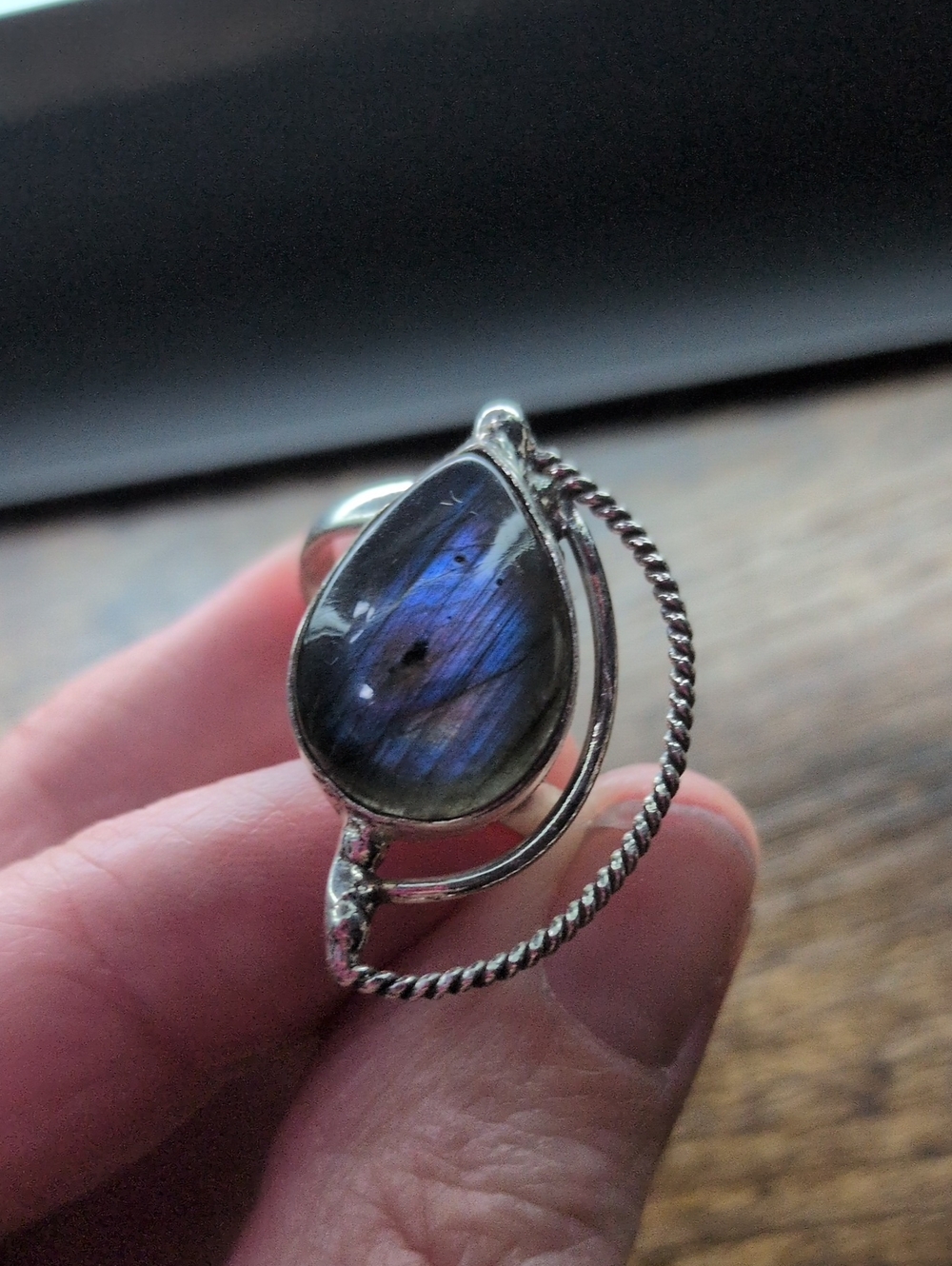 Silver Labradorite Teardrop Ring - Blue Flash